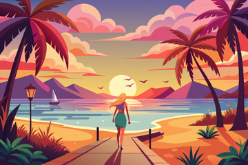 Sunset summer tropical beach with palm trees and sea. Nature landscape and seascape. Girl on the promenade