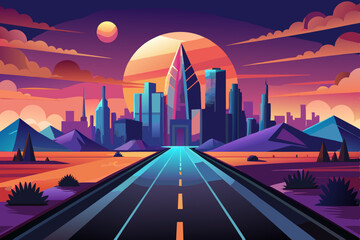 Way to the Downtown at Sunset. Contemporary Futuristic Landscape. Road Trip & Journey Route Wallpaper. Modern Artistic Cityscape Panoramic View. Flat Vector Illustration. Eps 10 stock illustration