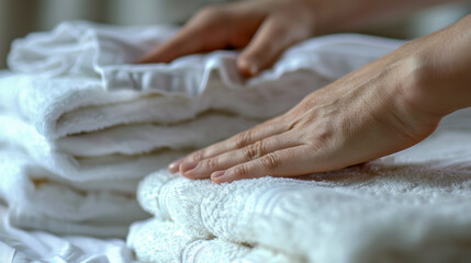 A close-up of hands carefully folding white towels in a neat stack, illustrating cleanliness and order in laundry.
