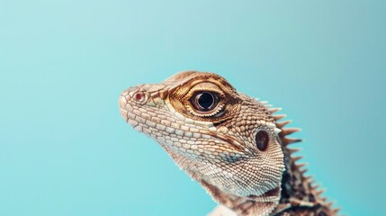 Obraz premium Brown lizard banner on light blue backdrop macro portrait in wildlife funny reptile in habitat text space World Animal Day
