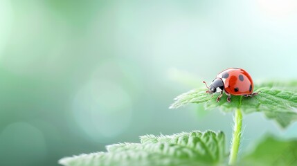 Obraz premium Macro shot of a ladybug on a green leaf with a soft, blurred background. Perfect for nature, insect, and garden themes.