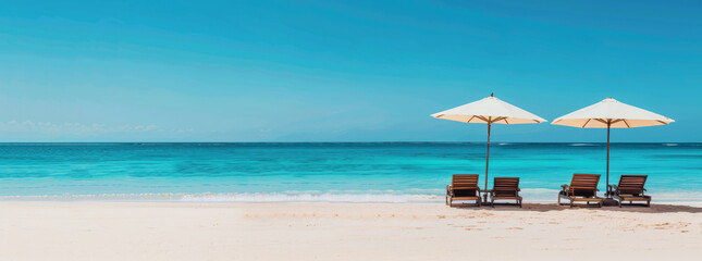 Obraz premium A serene beach scene with two wooden sun loungers under umbrellas, overlooking the azure ocean