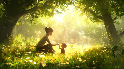 Mother and little son playing ball on grass in summer park. 