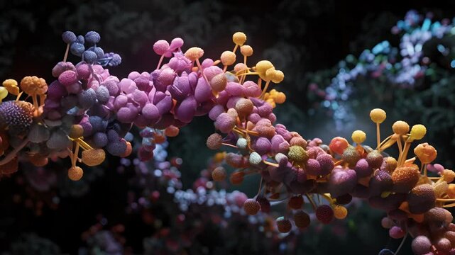 A strand of RNA being formed with complementary nucleotides being added one by one.