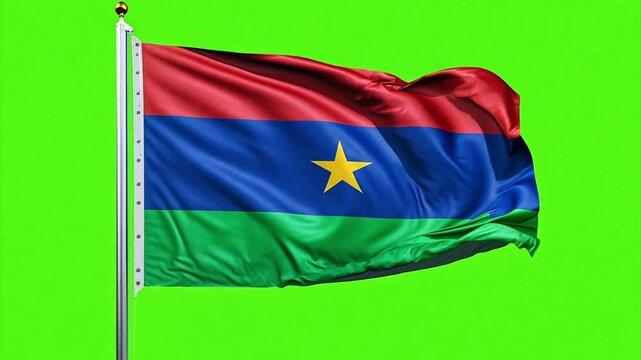 Fictional national flag with red, blue, green stripes anda  yellow star waving in the wind in slow motion against a chroma key green screen.