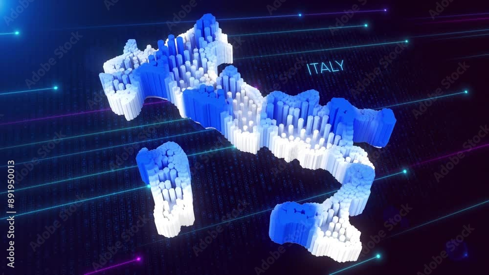 Poster 3d perspective motion view of blue and white dynamic hexagonal prism rippling italy map and text wit