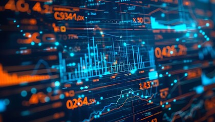 Abstract digital screen showing financial data with blue and orange graphs, bar charts, and stock market indicators,