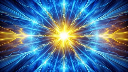 Obraz premium Vibrant blue and yellow explosion of energy radiates from central point, dynamic ripples and shockwaves emanate outward in abstract background.