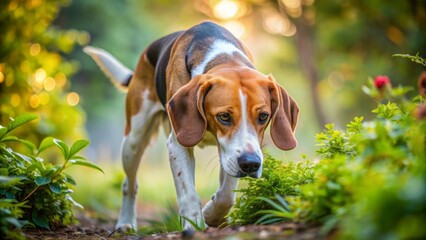 Magnificent English foxhound intently sniffing the ground, nose twitching, following the scent trail, amidst foliage, in a serene natural setting.