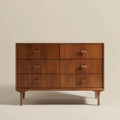 90. **A chic wooden dresser with sleek lines and elegant hardware, set against a white background.**
