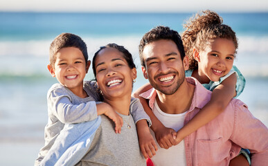 Family, beach and happiness in portrait for holiday or travel, solidarity in Mexico with children....