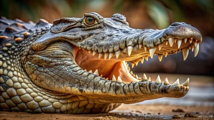 Fototapeta premium A large freshwater crocodile solitary creature exposes sharp teeth and powerful jaws in a close-up threatening snapping gesture.