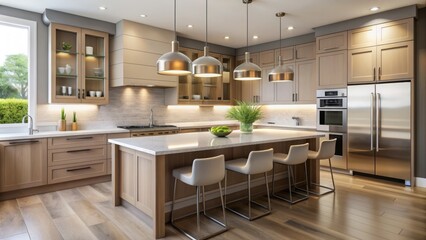 Contemporary kitchen featuring sleek cabinetry, quartz countertops, stainless steel appliances, and pendant lighting against a neutral tone backdrop.