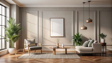 Fototapeta premium Empty modern living room with beige walls and concrete floor featuring a framed wall art poster on a minimalist interior backdrop.