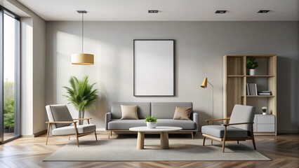 Fototapeta premium Modern minimalist living room interior with empty walls and sleek furniture awaiting custom poster or art print decoration solutions