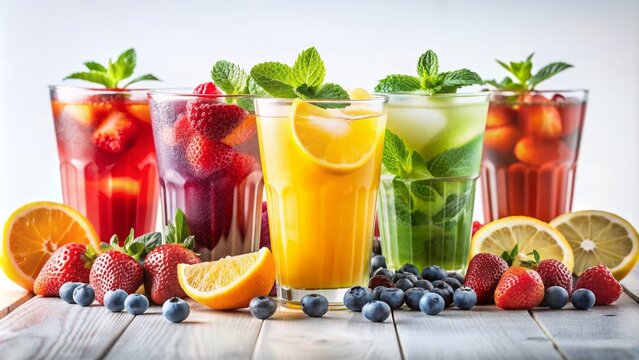 Colorful vibrant fruit ade mockup on white background showcasing refreshing drink designs in various cool colors perfect for cafe advertising.