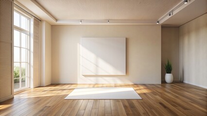 Obraz premium Elegant minimalist living room interior with cream walls, wooden floor, and a large blank canvas waiting for artistic expression.