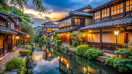 Fototapeta premium Traditional Asian architecture, rustic wooden facades, serene canal, lush greenery, and lantern-lit streets evoke tranquil suburban Japanese neighborhood ambiance.
