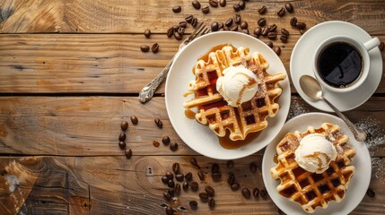 Fresh whole wheat waffles with ice cream, maple syrup and coffee on a wooden background. copy space