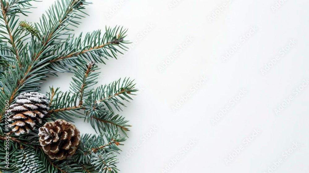 Sticker Pine branch Christmas composition on white background Concept for winter holidays Top view with copy space