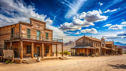 Obraz premium Weathered wooden buildings and adobe structures of a rustic 19th-century town square surrounded by desert landscape and vast blue sky.
