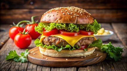 Juicy beef patty sandwiched between toasted buns, topped with crispy lettuce, ripe tomato, melted cheese, and condiments on wooden background.