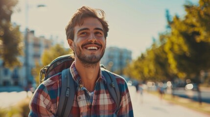 happy male tourist traveler smiling, wearing a backpack and casual clothing, scenic travel destination in europe. blurry nature wallpaper background for ads, web design with copy space