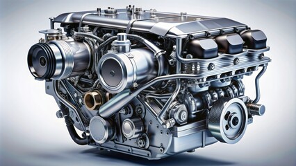 Obraz premium Sleek modern car engine with shiny metallic finish isolated on transparent background with subtle gradient and realistic shadow effect.
