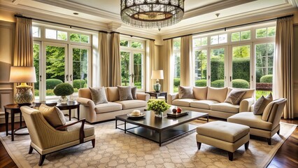 Naklejka premium Elegant cream-colored sitting room with plush velvet armchairs, dark wood coffee table, and floor-to-ceiling windows overlooking a garden.
