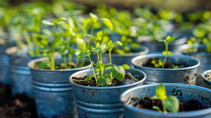 Seedlings of coriander and basil grown in metal pots Home gardening idea Space for text