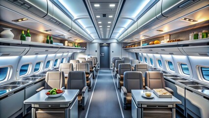 Naklejka premium Modern commercial airliner cabin interior with empty seats, overhead compartments, and galley kitchen equipment, conveying aviation ambiance.
