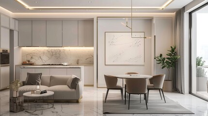 Mockup poster frame on the wall of living room with kitchen and dining room. Luxurious apartment background with contemporary design. Modern interior design