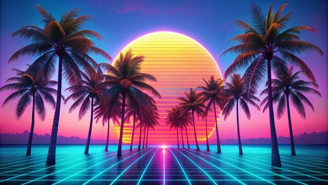 Vibrant neon hues illuminate retro-inspired abstract palm trees, set against a radiant, electric blue gradient background, evoking 80s nostalgia.