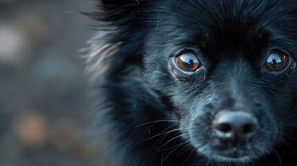 Close up image of Schipperke dog face with blurry backdrop