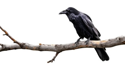 Isolated black crow perched on dead tree branch on white background