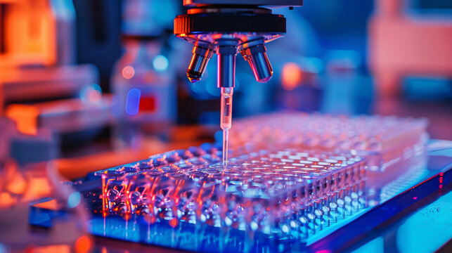 Pipetting sample into micro well plate while doing research on biotechnology