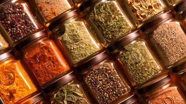 A topdown shot of several e jars organized by color and showcasing a range of hues from the rich brown of cumin seeds to the vibrant green of dried parsley flakes each one labeled with