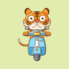 Cute tiger riding scooter animal kawaii chibi character mascot illustration outline style design