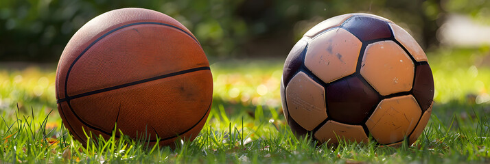 Basquete e bola de futebol em um campo de grama