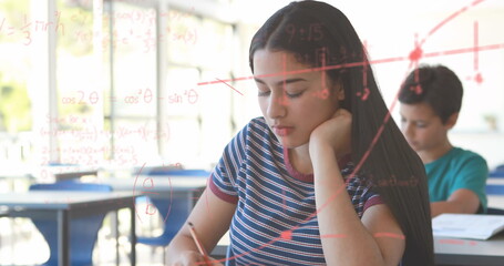 Image of math formulas over hispanic girl learning at school