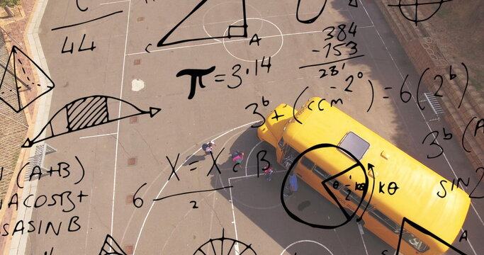 Mathematical equations against aerial view of school kids getting into the school bus - Powered by Adobe