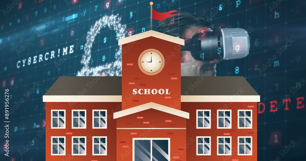 Wall mural Image of school, data and digital padlock over caucasian man in vr headset