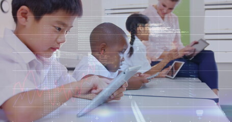 Image of digital interface and data moving over smiling schoolboy, female teacher and elementary sch