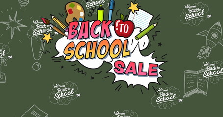 Image of back to school text over school items icons on green background