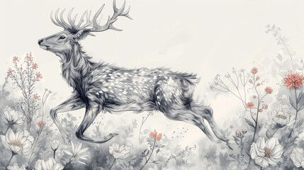 nature-inspired doodle, an intricate doodle depicts a graceful deer leaping through a meadow of blooming flowers, embodying the serenity and elegance of the wilderness