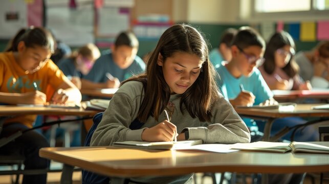 Students taking a standardized test in a quiet, organized classroom