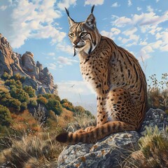 Fototapeta premium Digital illustration of a majestic lynx perched on a rock in its natural habitat amidst a rugged landscape, showcasing beauty, strength, and the wild essence of nature.