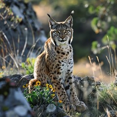 Obraz premium A lynx with tufted ears sits naturally among rocks and vibrant yellow flowers, blending into its environment, showcasing the beauty of the wild and natural habitat.