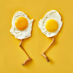 Surreal photograph of two fried eggs with legs running on a yellow background, in the style of minimal concept photography.