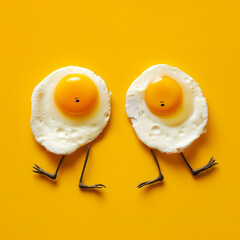Surreal photograph of two fried eggs with legs running on a yellow background, in the style of minimal concept photography.